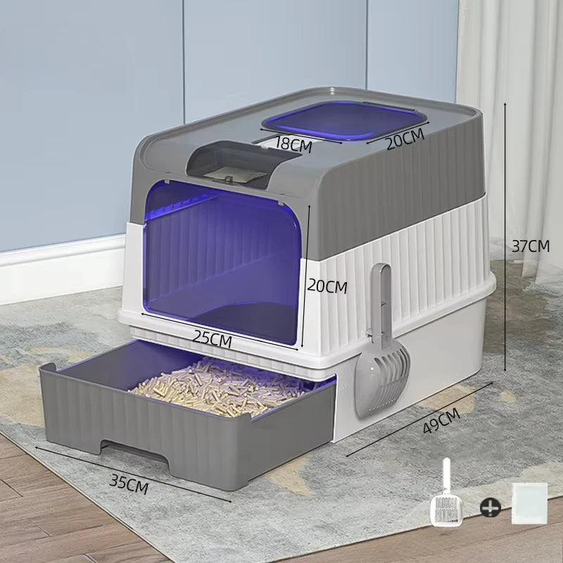 Fully Enclosed Cat Litter Box UV Sterilizatio Cat Toilet Oversize Rechargeable Sterilizing Deodorant Litter Box Pet Bedpans Zpaxo Grey