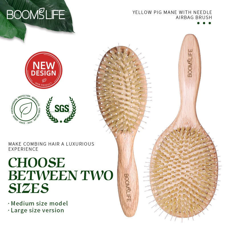 BOOMSLIFE Boar Bristle Hair Brush Mix Nylon Oak Wooden Comb for Hair Women Custom Name Scalp Massage Detangling HairBrush Barber Zpaxo