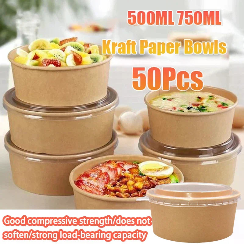 50-Pack 750mldisposable Salad Bowls Kraft Paper Transparent Lids Zpaxo