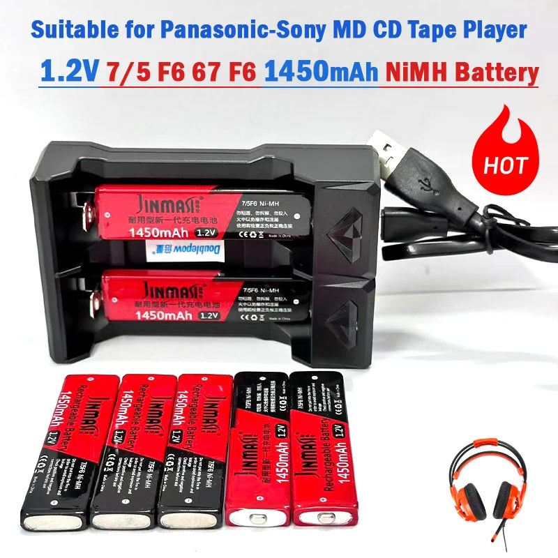 1.2V 7/5F6 67F6 1450mAh Ni-MH Chewing Gum Battery 7/5 F6 Cell for Panasonic Sony MD CD Cassette Player Batteries with charger Zpaxo