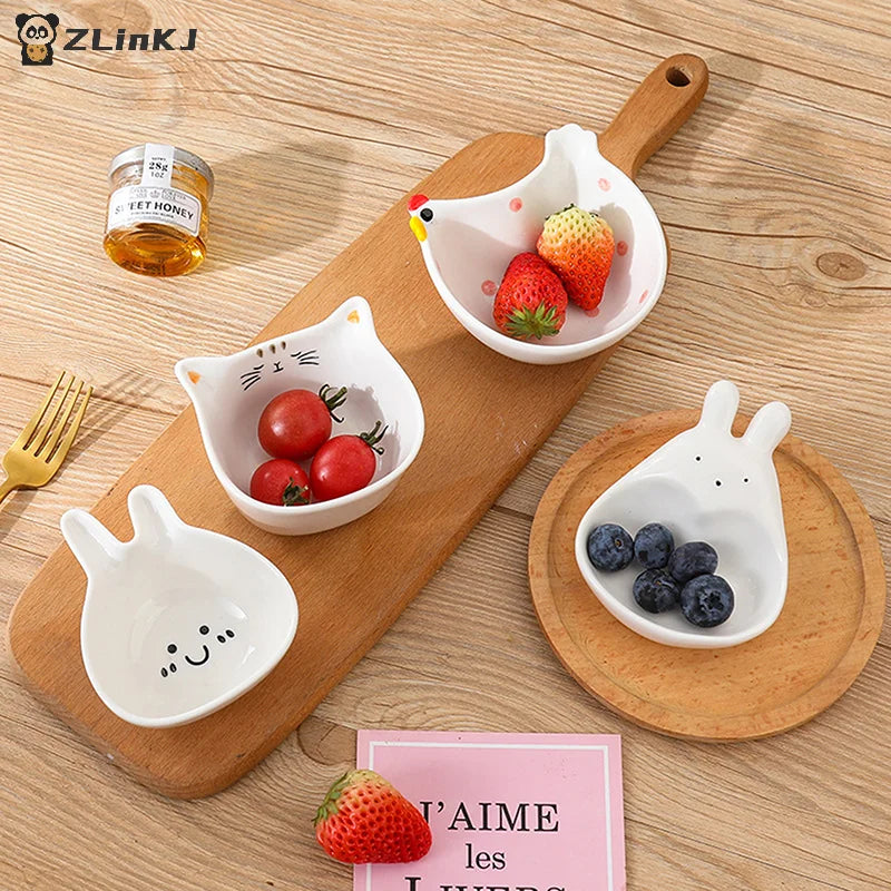 Kitchen Ceramic Dipping Plate Handle Sauce Cute Rabbit Cat Seasoning Zpaxo