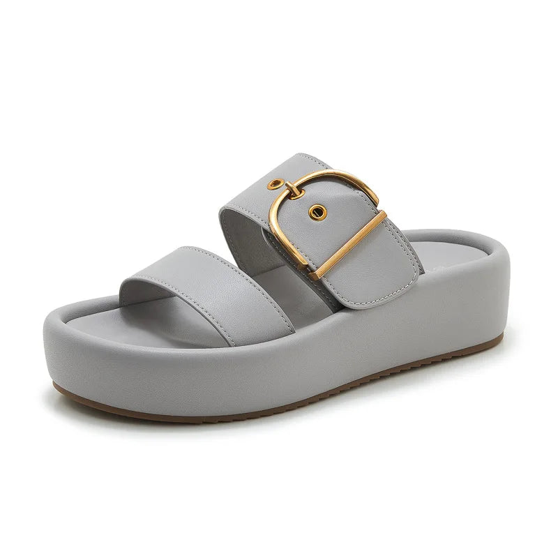 Womens Chic Platform Slide Sandals Luxe Gold Buckle Detail Double Zpaxo