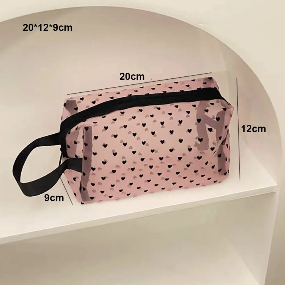 New Heart Transparent Mesh Makeup Bag Black/Pink Multifunction Ladies Toiletry Storage Bag Portable Women Cosmetic Storage Pouch Zpaxo Pink 20-12-9cm