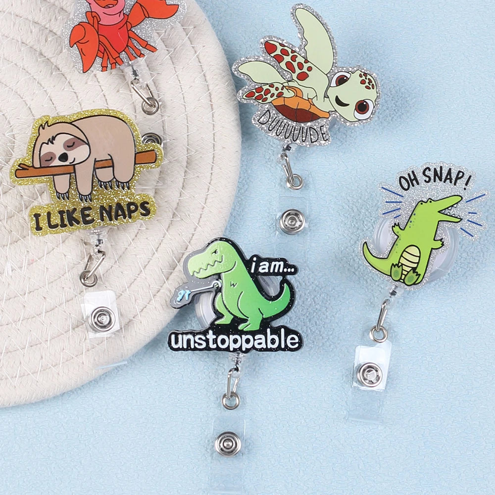 Cartoon Animal Badge Reel Retractable Acrylic Badge Holder Reel ID Clip DinosaurKoala Crocodile Clip for Nurse Office Student Zpaxo