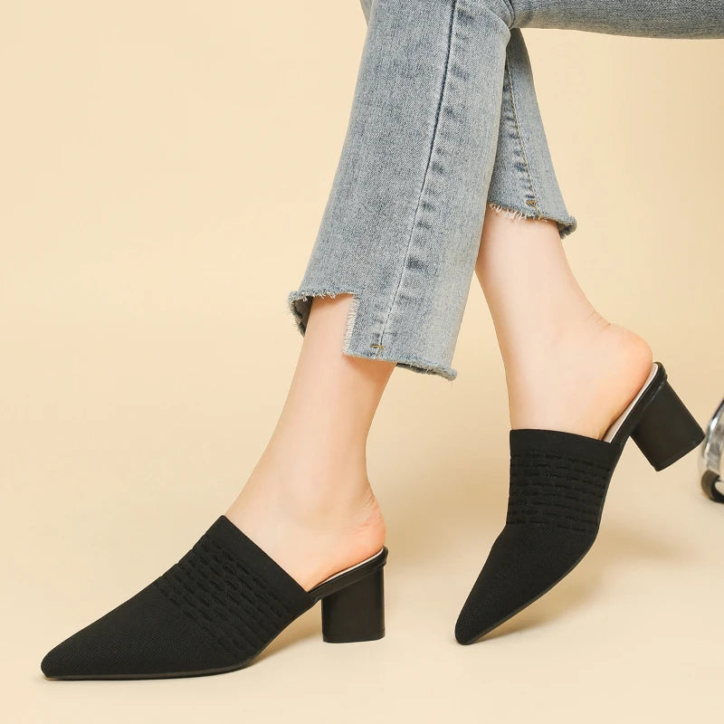 Pointed Toe Mule Sandals Knit Fabric Hollow Out Fishnet Breathable Zpaxo