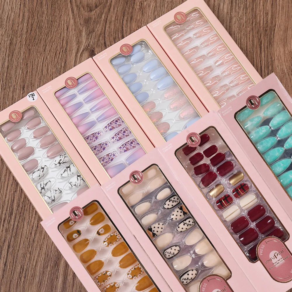 24PCS Fake Nails Reusable Stick On Nails Press on Full Cover False Nail Tips with Jelly Stickers Makeup Accessories Zpaxo