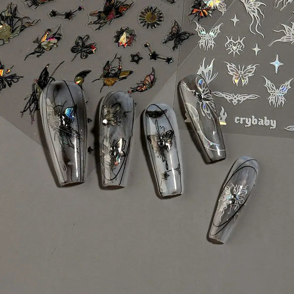 Butterfly Laser Nail Stickers Holographic Glitter Shining Adhesive Slider DIY 3D Nail Art Decal Decoration Zpaxo