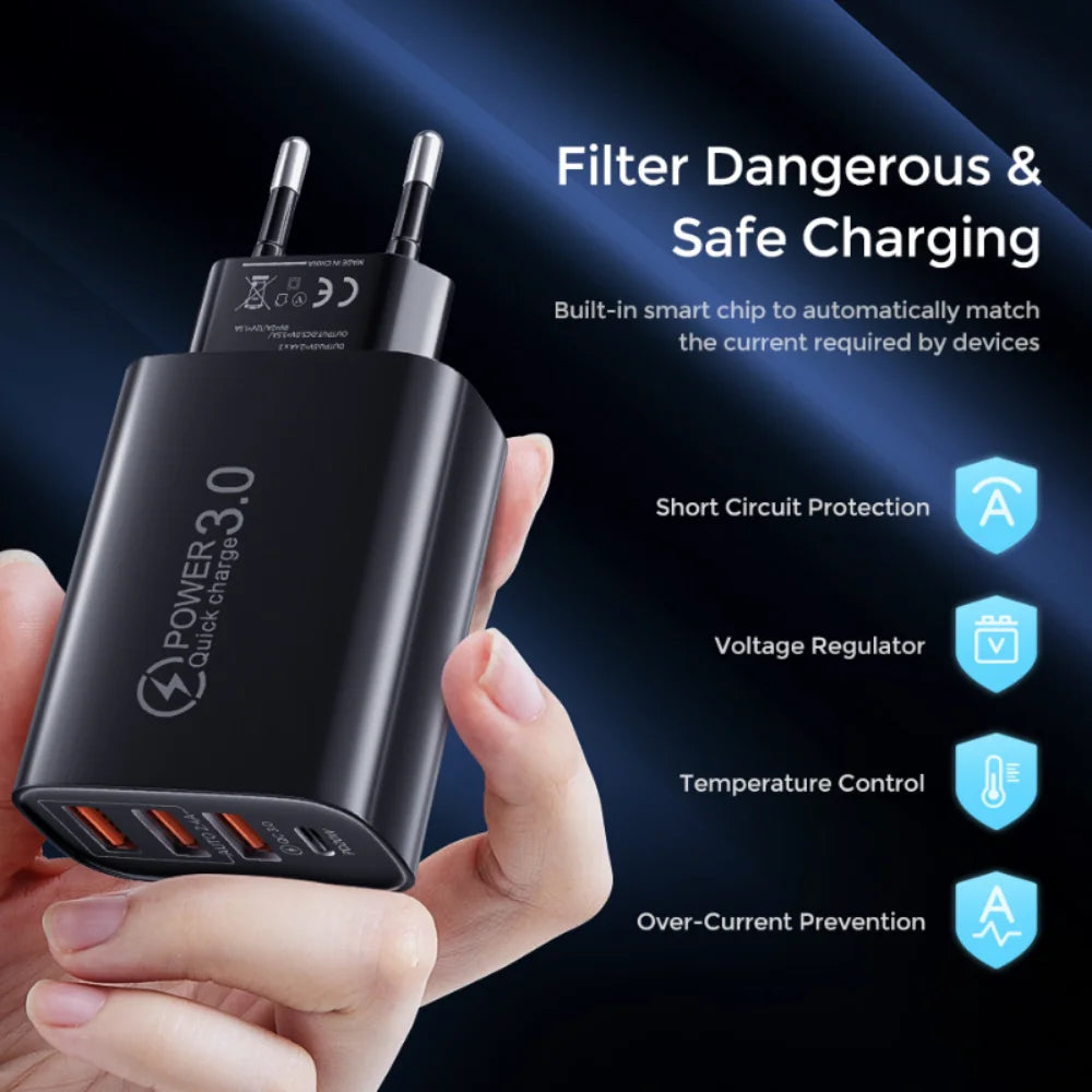 60W 4-Port USB Wall Charger – PD USB-C & Quick Charge 3.0 USB Wall Charger Zpaxo