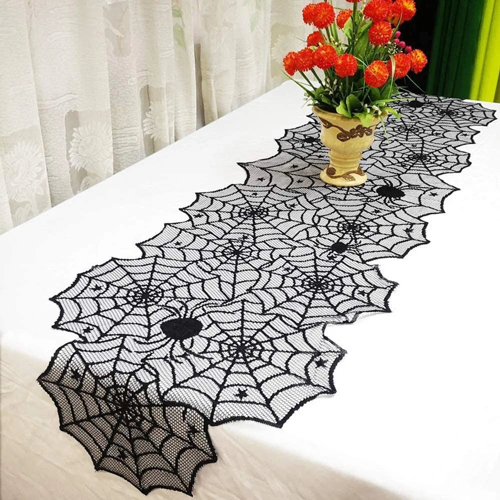 Halloween Decoration Black Spider Web Tablecloth Lace Table Runner