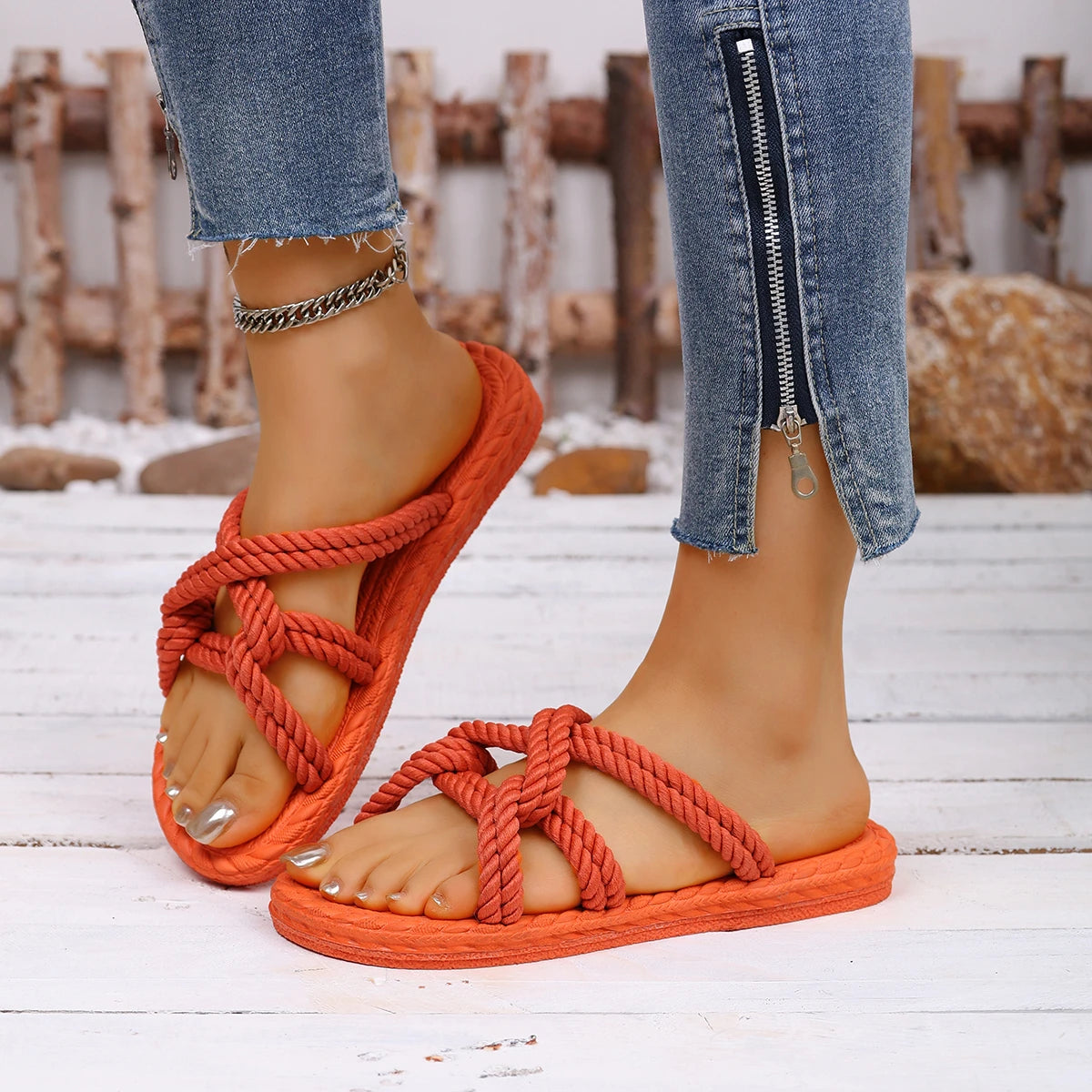 Women Slippers Anti Slip Wear-resistant Shoes Fashion Trend Linen Belt Slippers Soft Bottom and Flat Bottom Sandals Slides Women Zpaxo