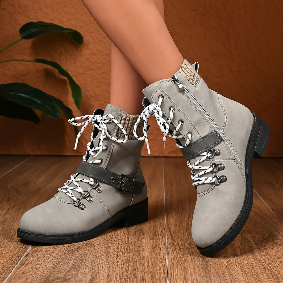 Large Size Women Ankle Boots Round Toe Fashion Shoes Women Low Heel Square Heel Mid-Calf Boots Comfortable Korean Style Shoes Zpaxo
