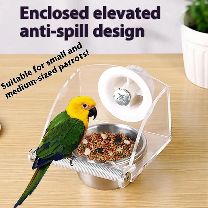 1Pc Acrylic Stainless Steel Bird Food Bowl Hangable Detachable With Stand Prevent Scattering Dispenser Parrots Food Container Zpaxo