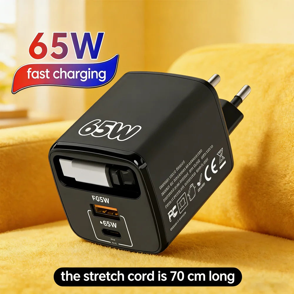 65W PD USB-C Charger & Retractable Cable – Quick Charge 3.0 USB-C Wall Charger Zpaxo