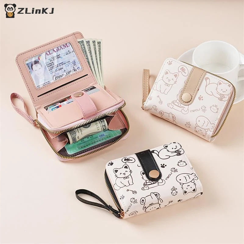 Women Short Wallet PU Leather Cute Cat Coin Purse Folding Zipper ID Zpaxo