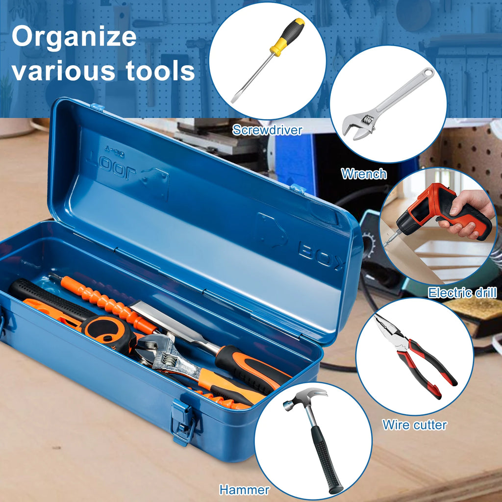 Tool Box 43x17x13cm Portable Steel Tool Box Hip Roof Style with Metal Latch Closure Tool Chest for Household Workshop Car Zpaxo