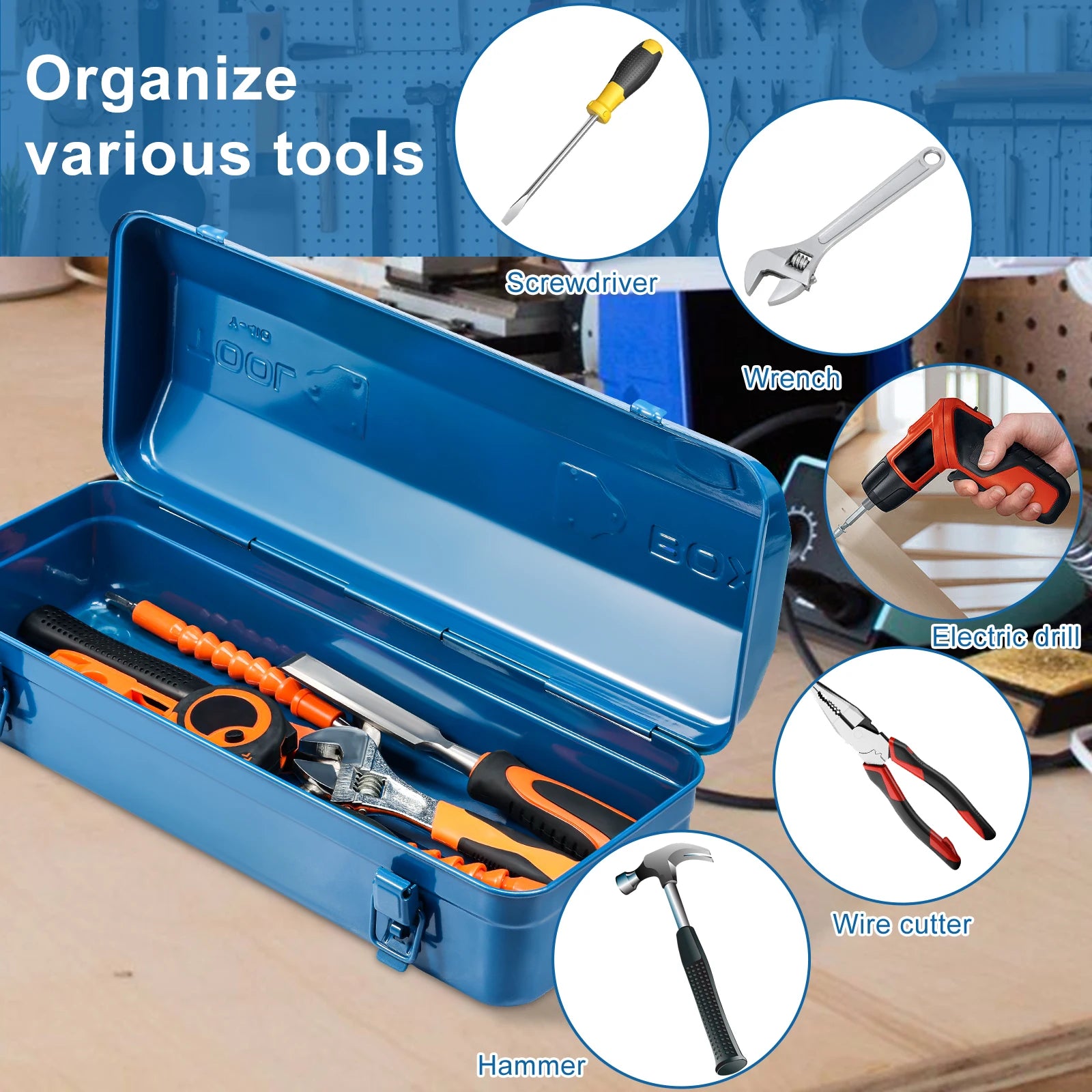 Tool Box 43x17x13cm Portable Steel Tool Box Hip Roof Style with Metal Latch Closure Tool Chest for Household Workshop Car Zpaxo