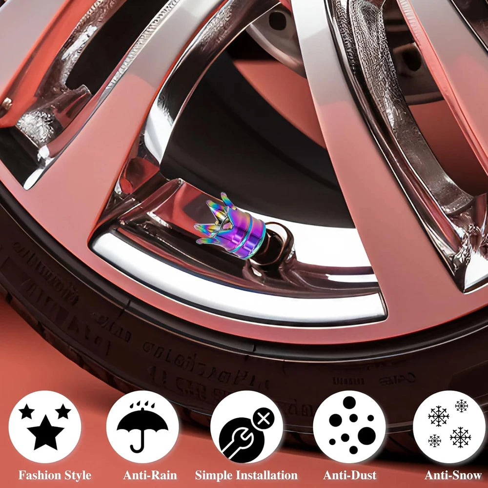 4-Pack Crown Aluminum Tire Valve Stem Caps – Dustproof & Stylish
