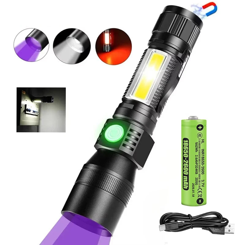 UV LED Flashlight USB Rechargeable 1200 Lumen 7-Mode Torch