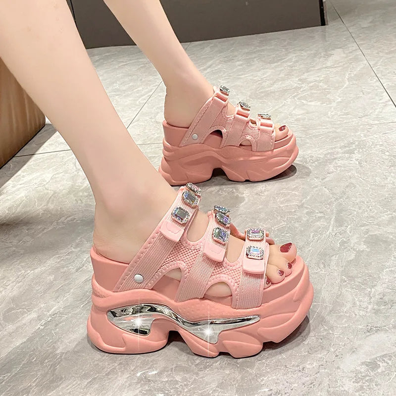 European Rhinestone Buckle Thick Bottom Higher Slope Heel Sponge Cake Zpaxo