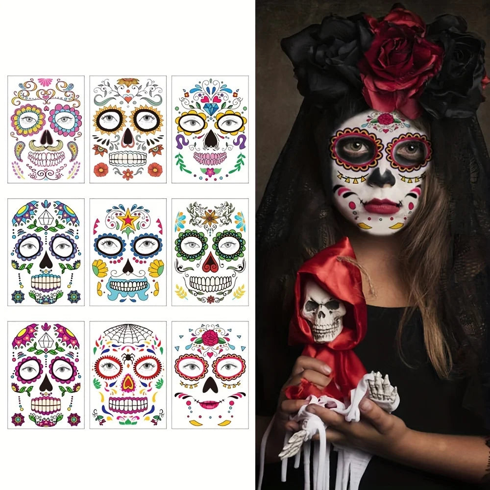 Day Dead Face Tattoos Sugar Skull Red Roses Halloween Stickers Makeup
