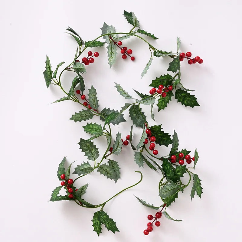 2M Artificial Holly Leaves Vine Red Berries Christmas Rattan DIY