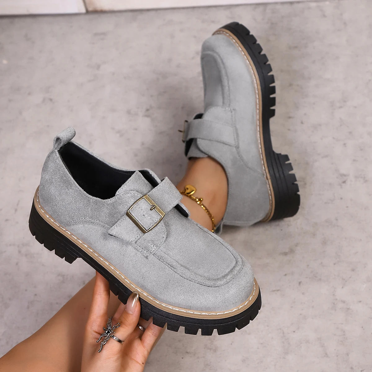 Women Loafers British Style Women Flat Shoes Casual Retro Leisure Round Toe Sneakers Women Spring Autumn Thick Bottom Shoes Zpaxo GRAY 37