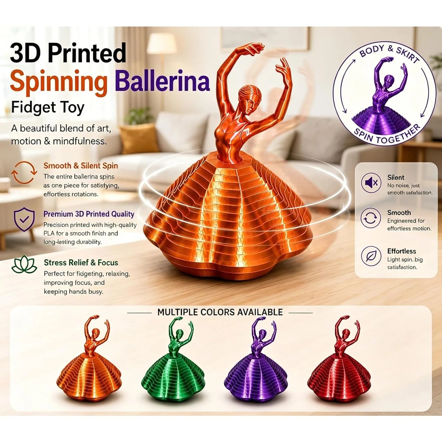 Spinning Ballerina Fidget Ornament Ballet Spinner Changing Expanded