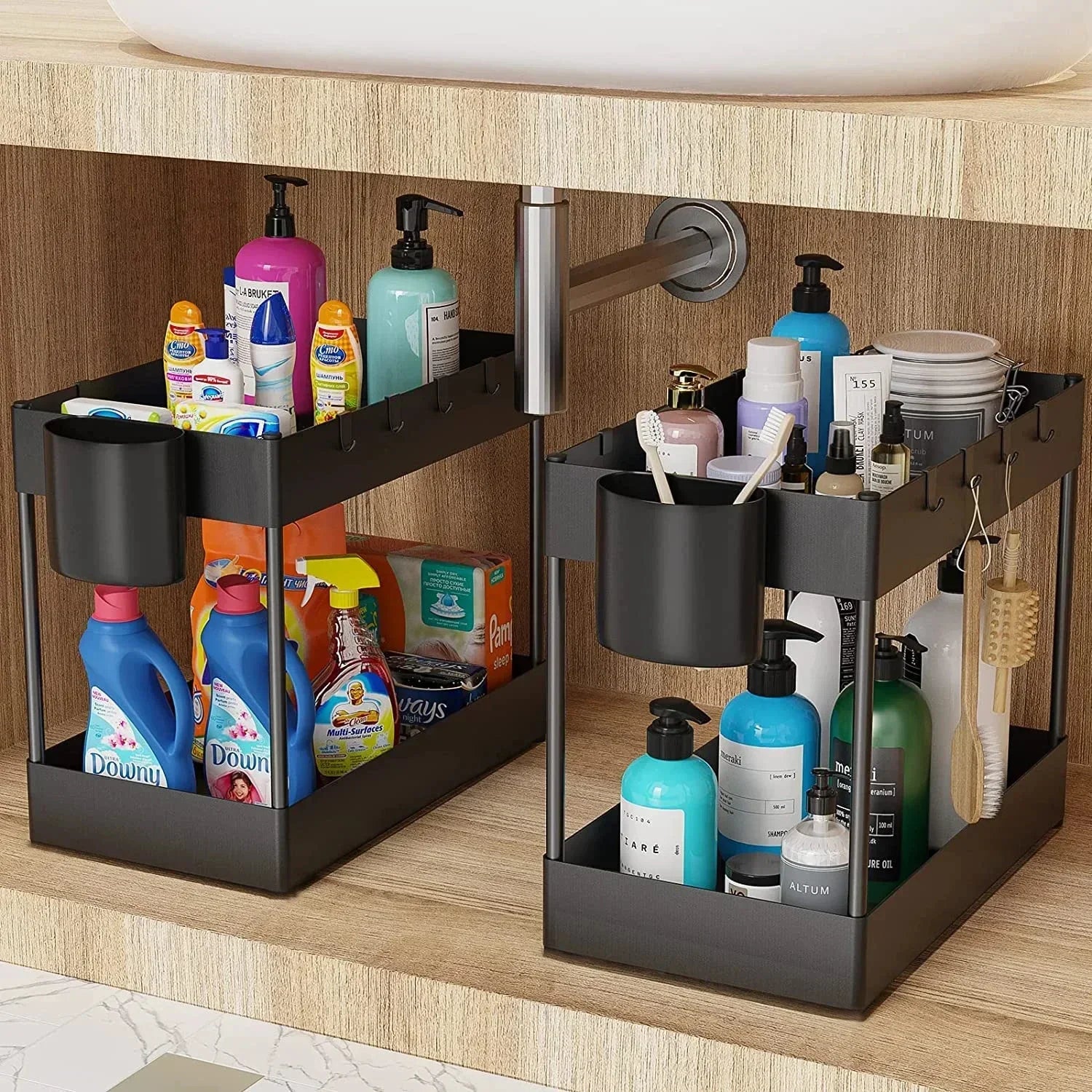 2 Tier Under Sink Sliding Cabinet Basket Organizer Storage Rack with Hooks Hanging Cup Bathroom Multifunctional Storage Rack Zpaxo