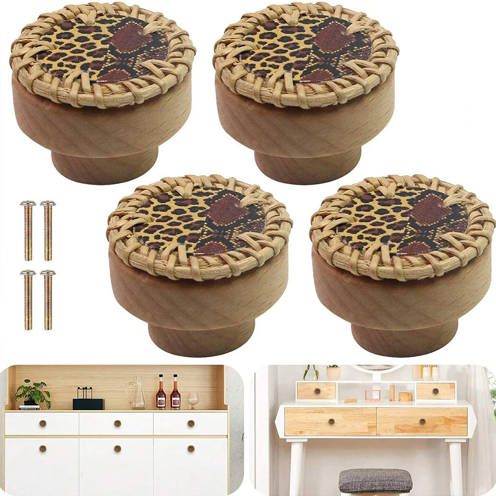 Boho Rattan Knobs Wood Handles Handmade Wicker Woven Round Cabinet Knobs Pulls Wardrobe Dresser Drawer Handles with Screws Zpaxo