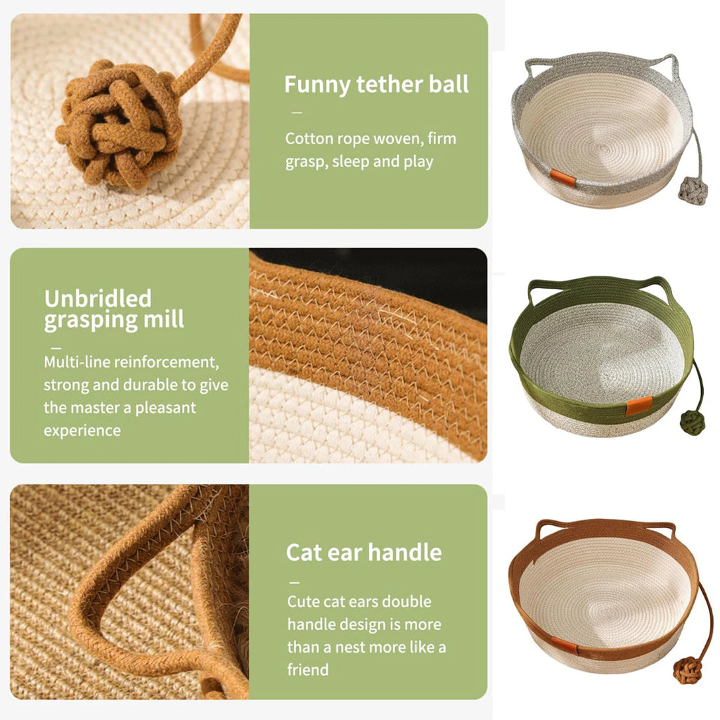 Japanese Pet Cat Bed Round Hand Woven Rattan Cat Beds Summer Cooling Kitten Basket Cotton Rope Enrichment Bed w/ Interactive Toy Zpaxo