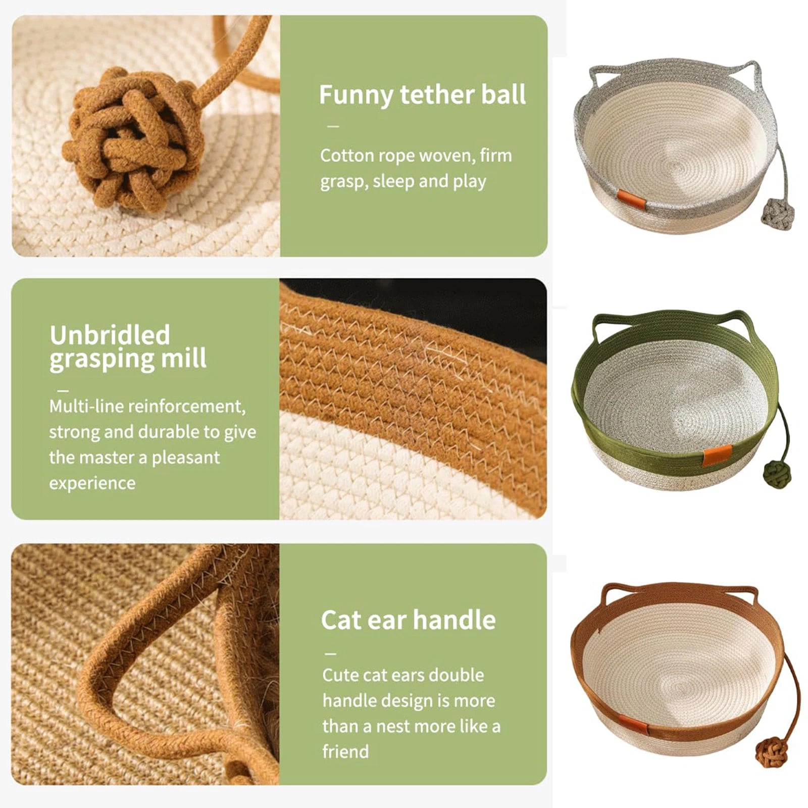 Japanese Pet Cat Bed Round Hand Woven Rattan Cat Beds Summer Cooling Kitten Basket Cotton Rope Enrichment Bed w/ Interactive Toy Zpaxo