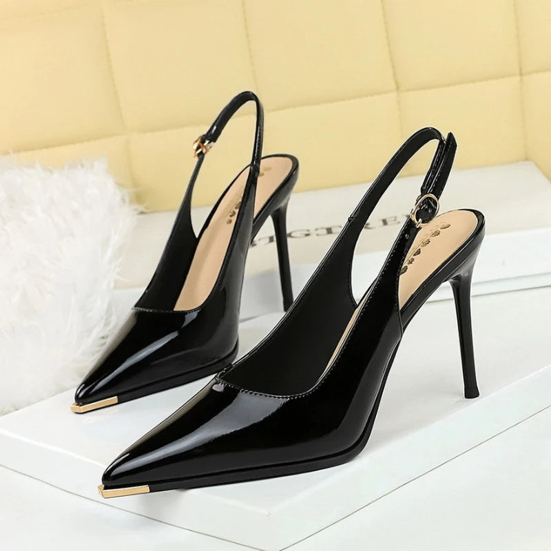 Fashionable Simple Patent Leather Pointed Heel Shoes Slim Heels Zpaxo 1991 Black 34 China Mainland