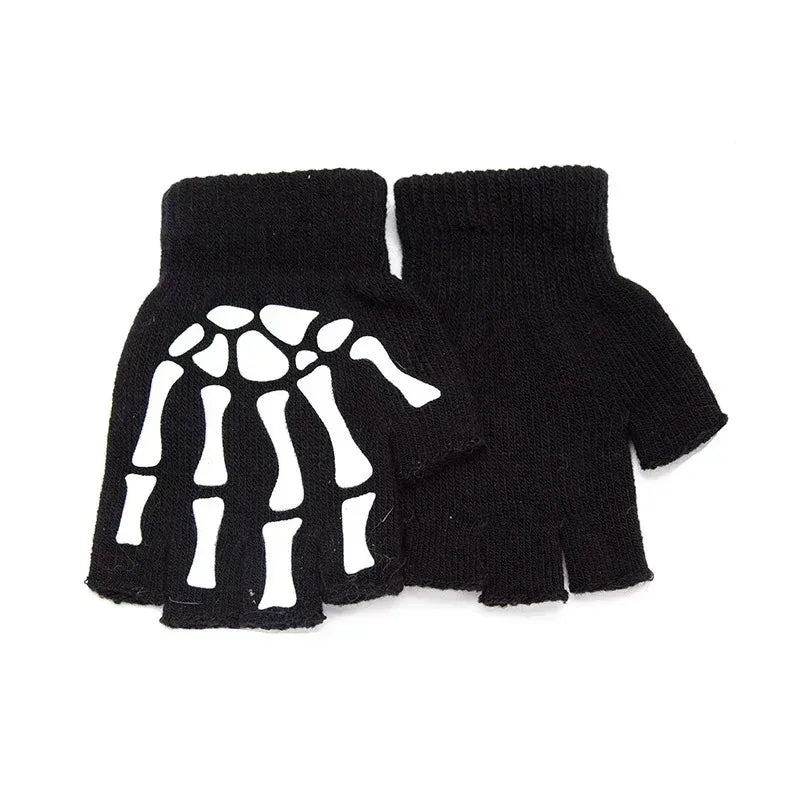 Skeleton Skull Glow-in-the-Dark Fingerless Halloween Gloves