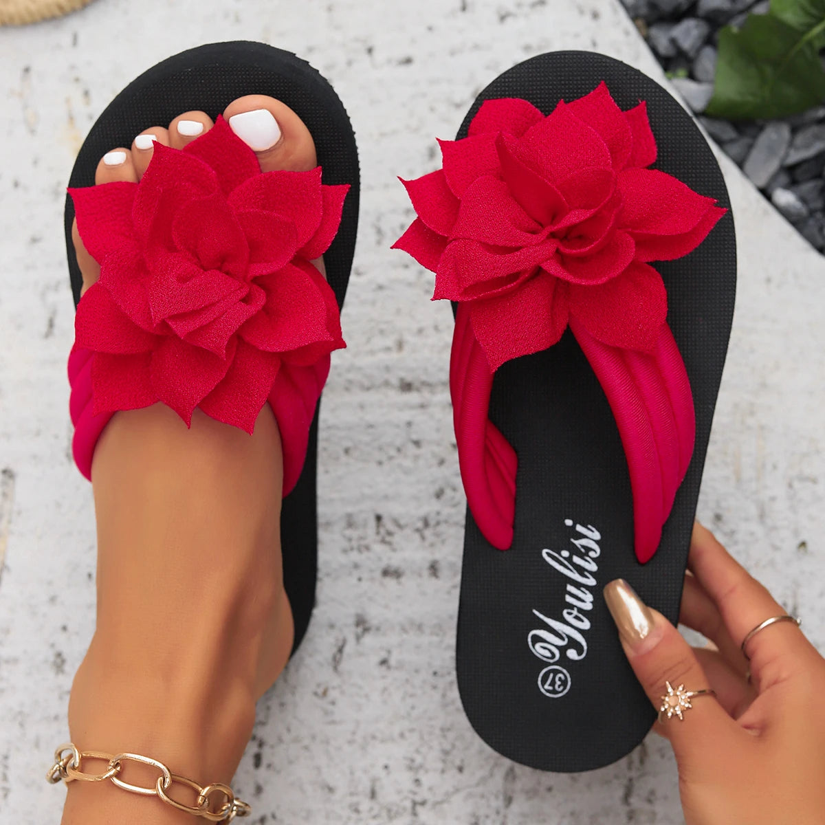 Women Slippers Lightweight Flat Sandals Fashion Flower Flip Flops Zpaxo Red 37