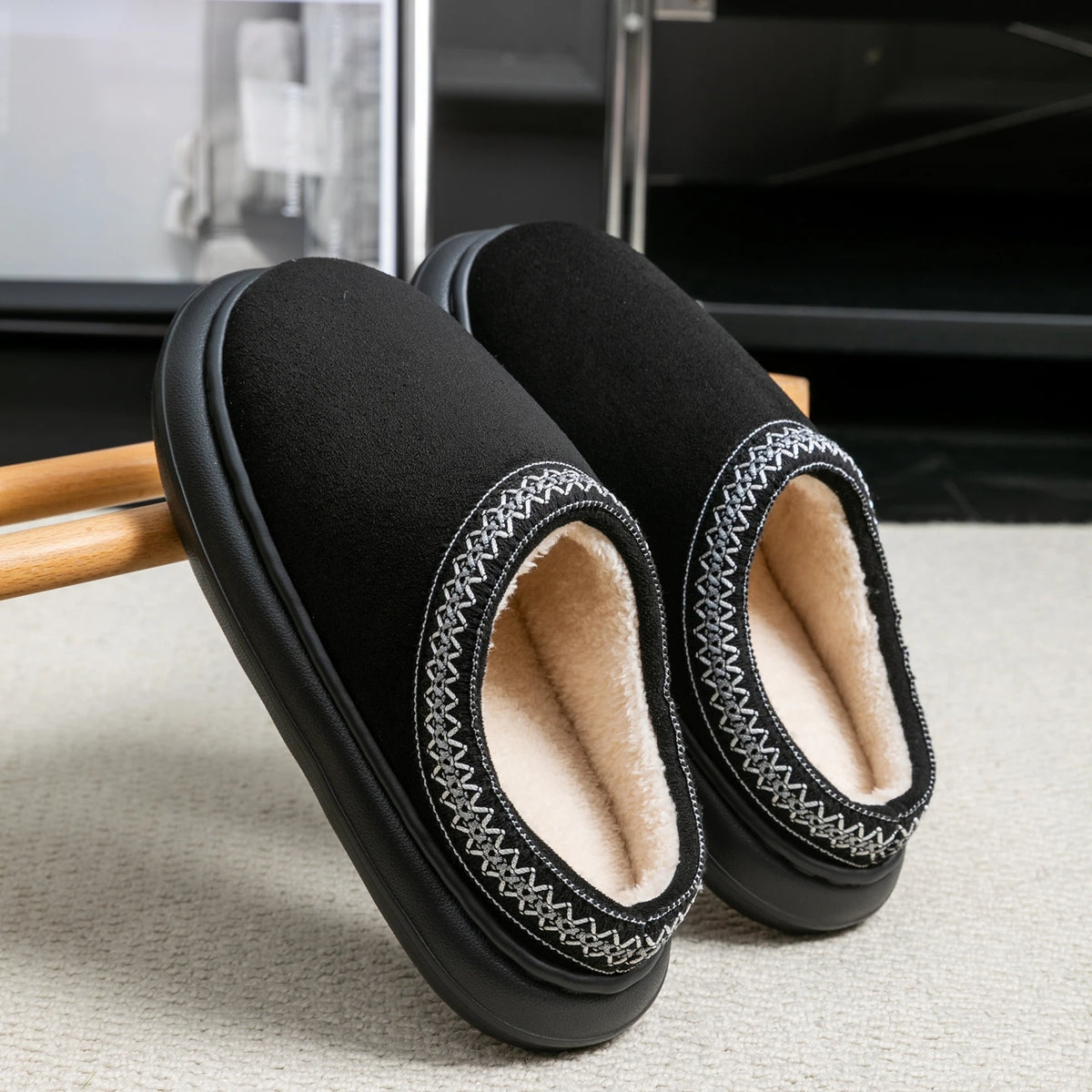 Men's Plush Slippers Winter Thick Fuzzy Indoor House Shoes Zpaxo black 44-45