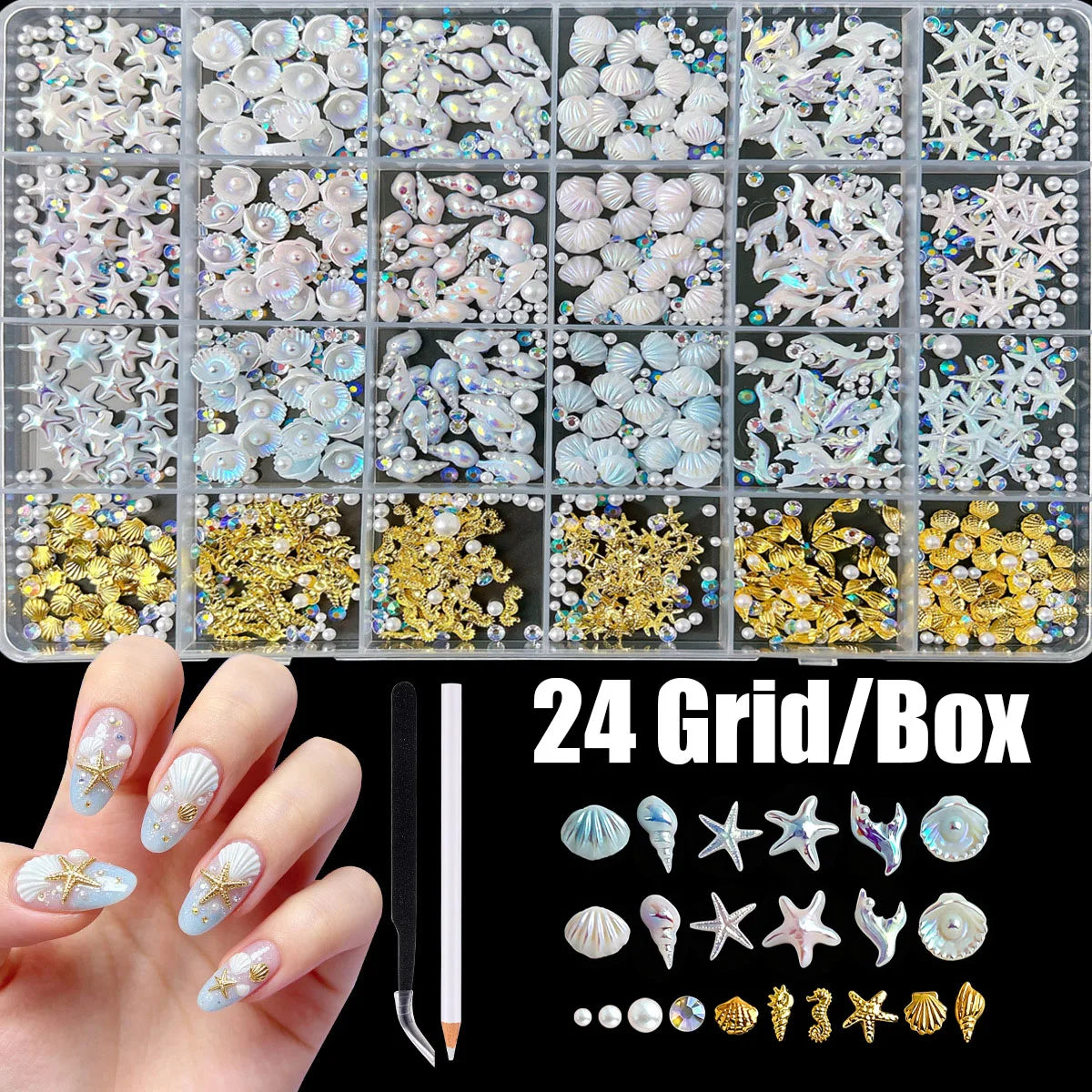 24 Grid Ocean Nail Art Accessories Iridescent Shell Starfish Pearl
