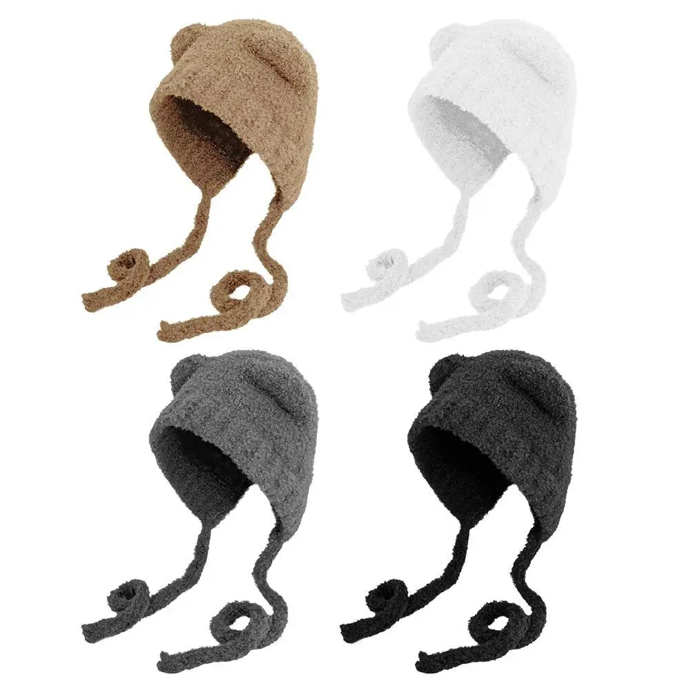 Autumn/Winter Cute Plush Wool Hat with Bear Ear Cold-proof Windproof Knitted Hat Long-lasting Warm for Women Girls Zpaxo