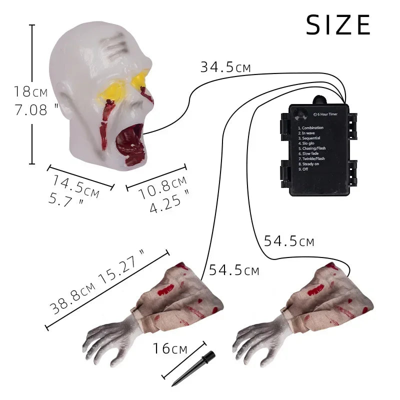 Realistic Zombie Statue LED Light Haunted House Scary Face Arm
