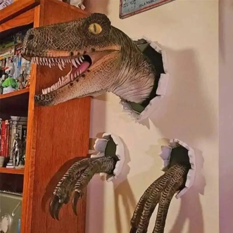 3D Broken Wall Dinosaur Head Decor Realistic Velociraptor Mount