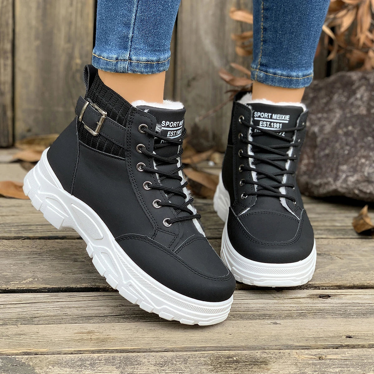 Winter Students Flat Boots Walking Pure Color Lace-up Boots Shoes Casual Sports Shoes Women Warm Boots Mid Heels Shoes Zpaxo