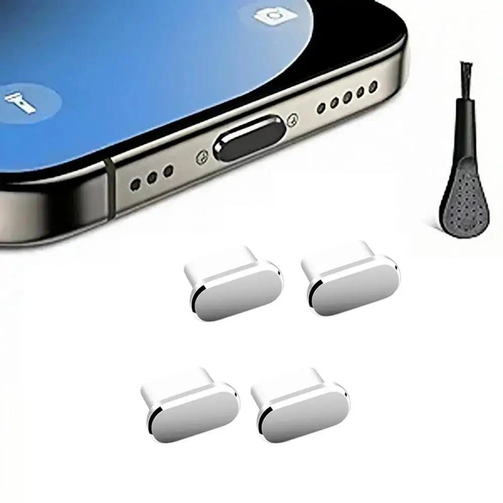 4pcs USB C Dust Plugs Type-C Anti Dust Covers Charging Port Protective Covers With Cleaning Brush For IPhone Huawei OPPO Realme Zpaxo Silvery