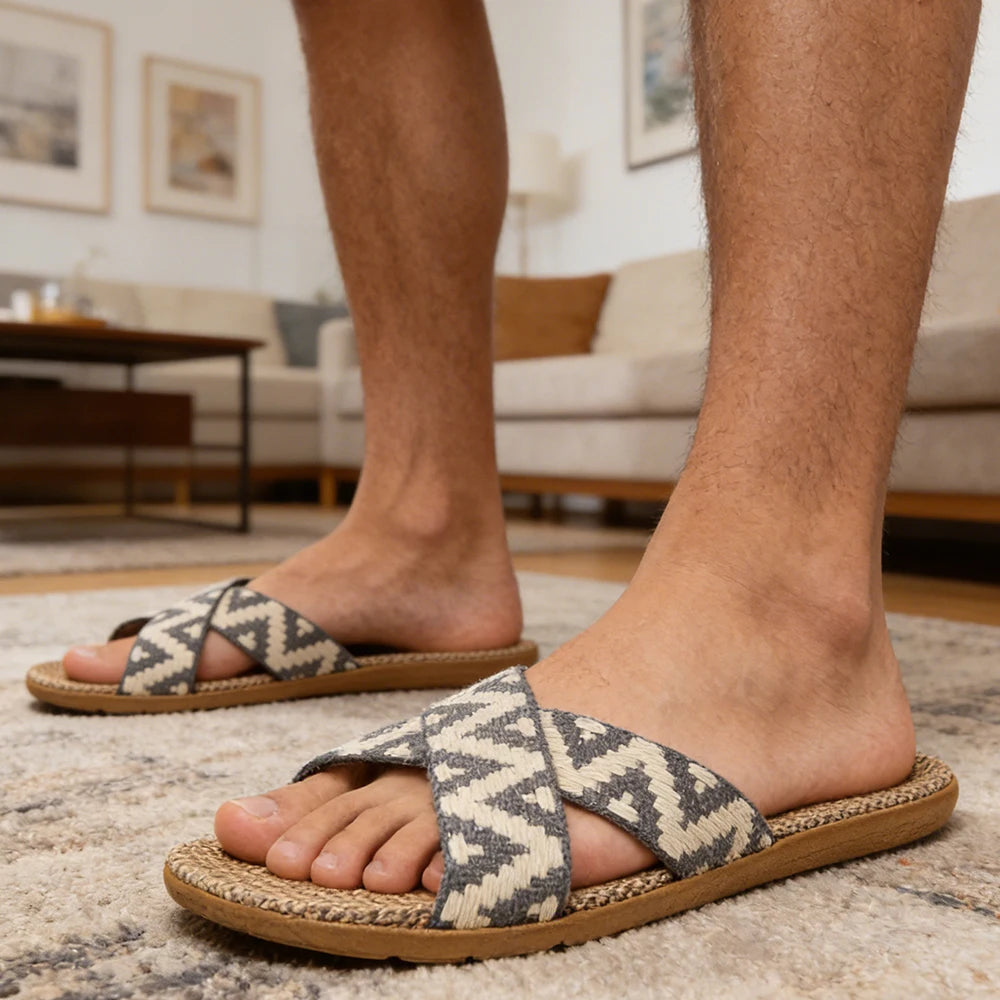 Men Slippers Lightweight Indoor Linen Antislip Home Shoes Summer Flat