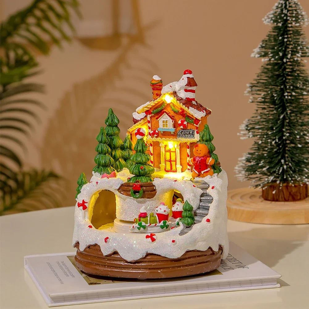 Christmas Music Box Snow House Ornaments with LED Light Resin Rotating Music Figurines Home Christmas Decorations New Year Gift Zpaxo