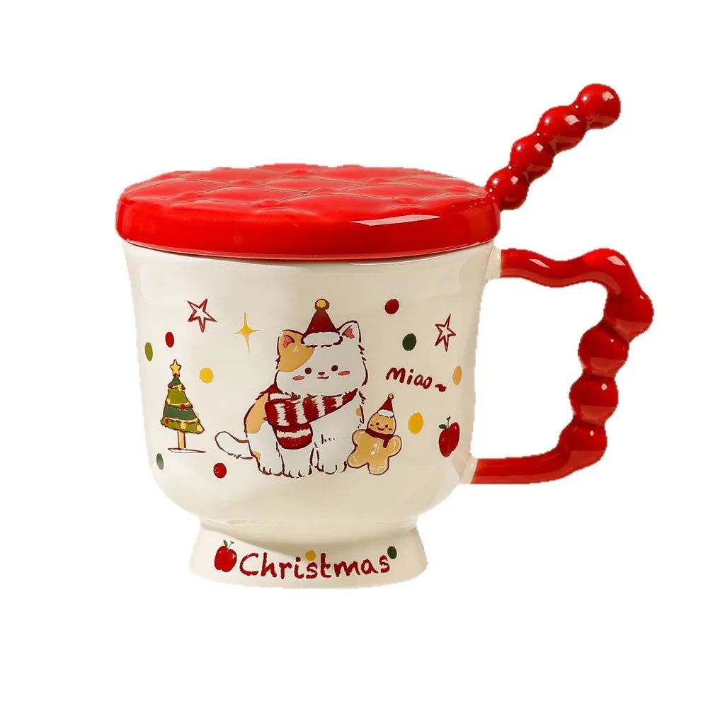 Christmas Cat Appearance Level Mark Ceramic Water Cup Lid Spoon Cute