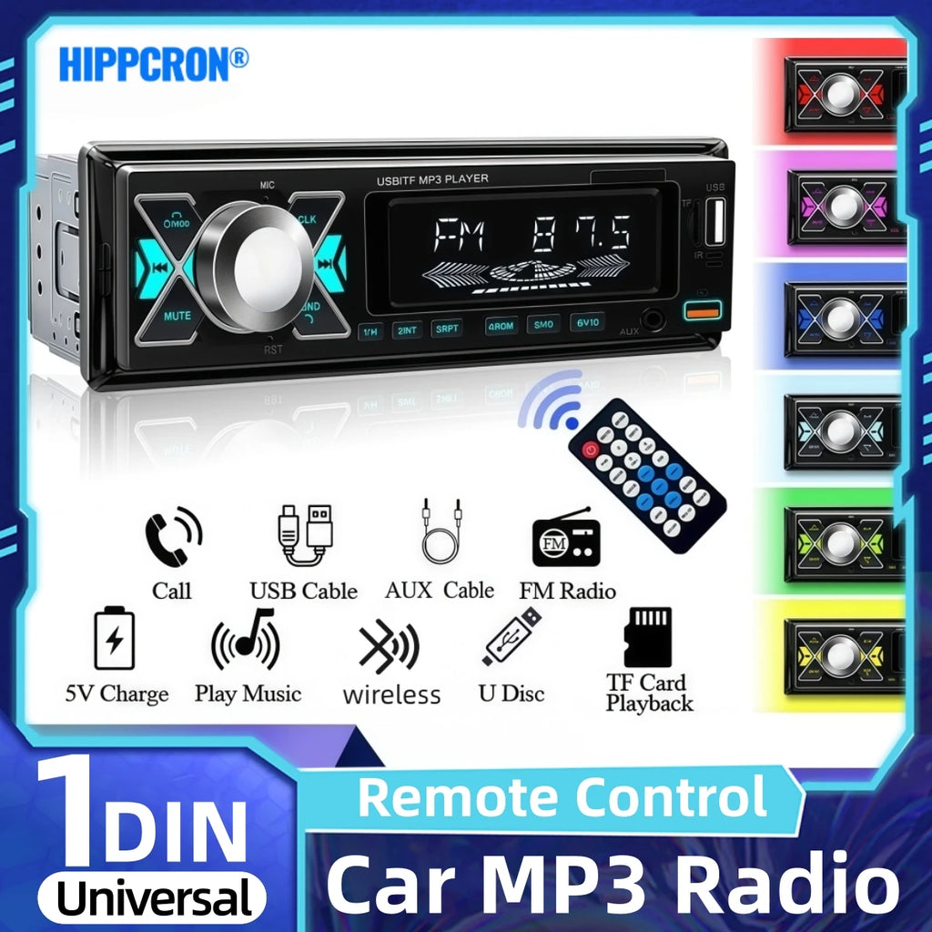 HIPPCRON Car MP3 Radio 1 Din Digital Player 7 Colorful Lights Stereos