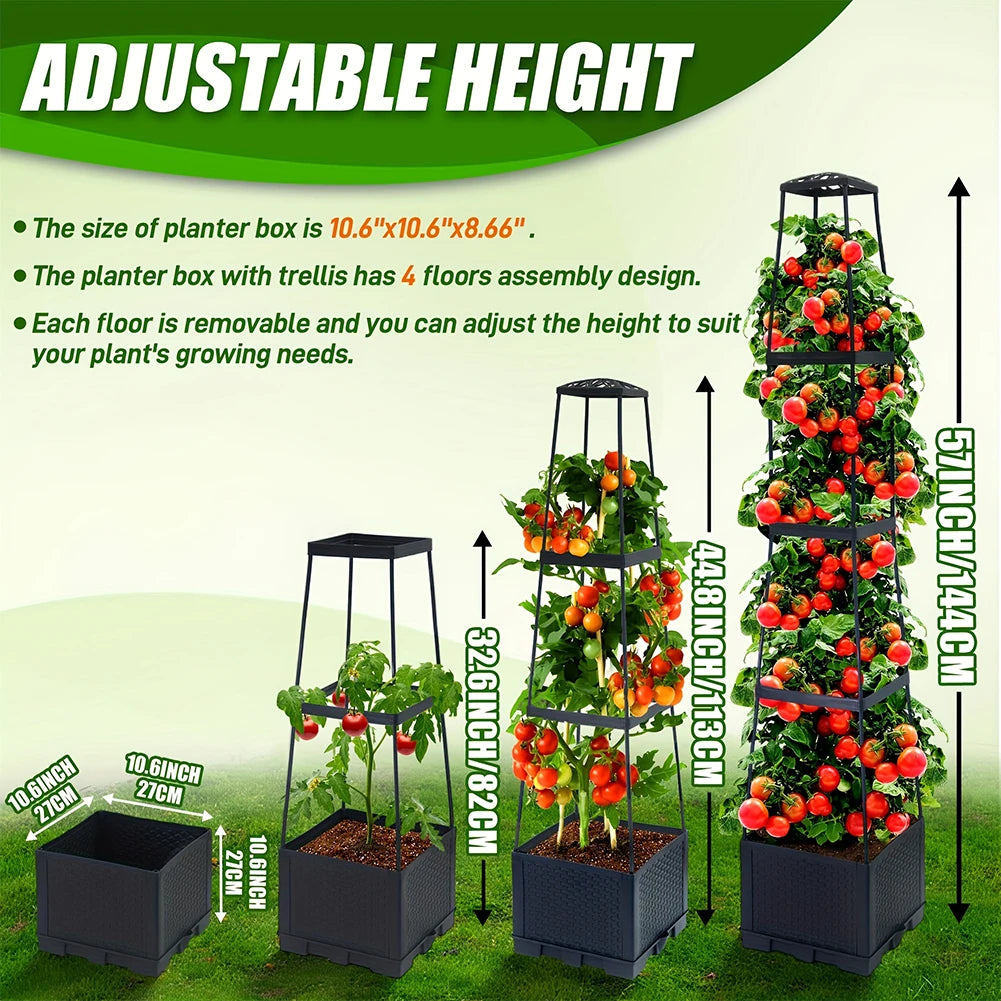 4 Tier Planter Tower Trapezoidal Trellis Tomato Cage Garden Box