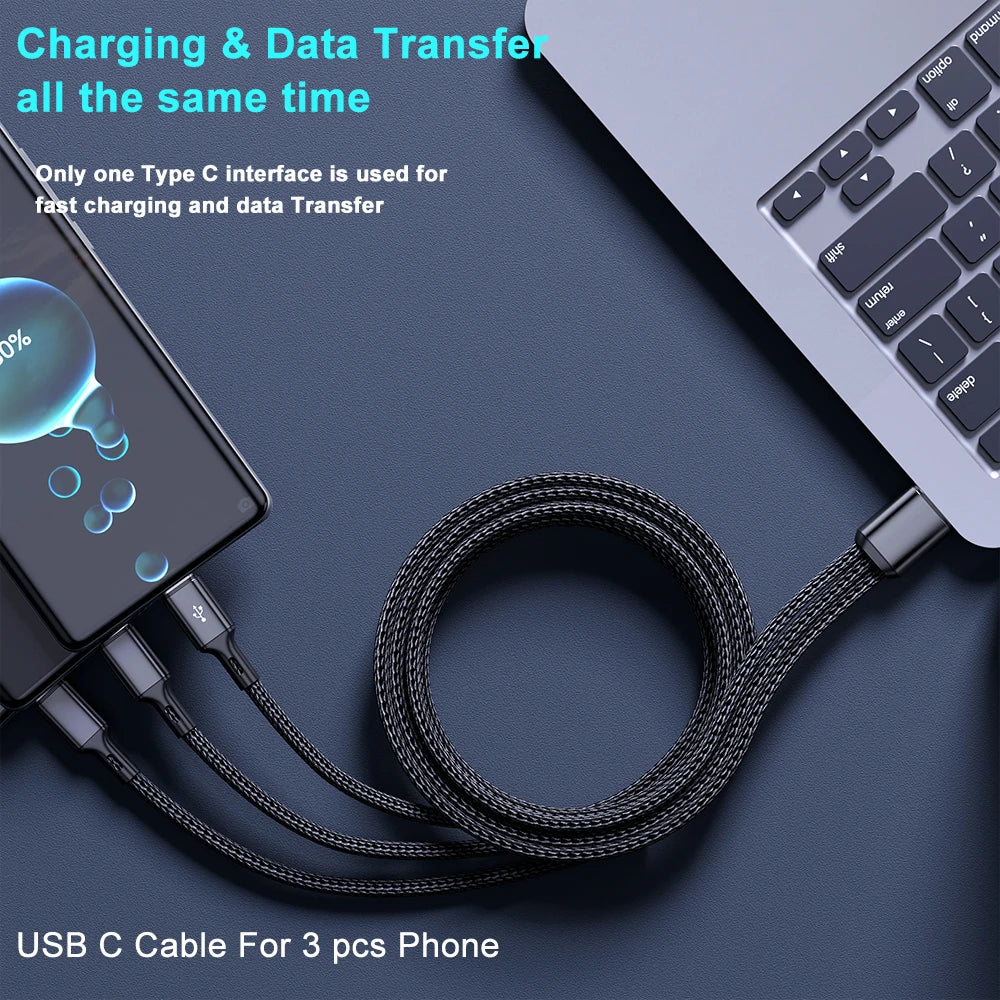 3-in-1 USB-C Cable 100W 6A Fast Charging Quick Charge Cord USB Charging Cable Zpaxo
