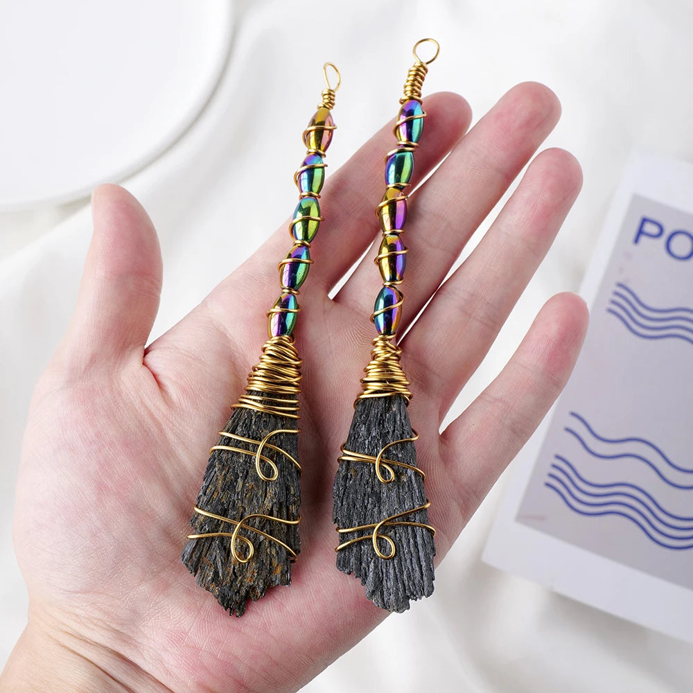 Natural Crystal Broom Black Tourmaline Aura Blaze Blue Feather Shape DIY Sweeper Witchcraft Ornaments Zpaxo