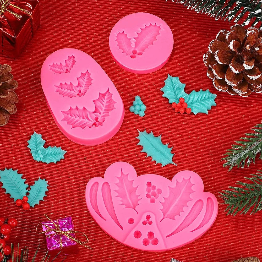 3Pcs Christmas Holly Leaves Silicone Molds Holly Leaf Fondant Chocolate Dessert Cake Decorating Baking DIY Art Crafts Making Zpaxo