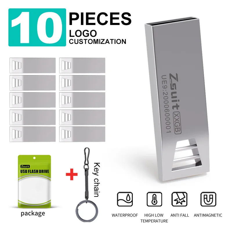 Zsuit 10PCS USB Flash Drive 16GB 32GB 64GB Pen Drive 3.0/2.0 Memory Stick 128GB Waterproof Cle custom USB Metal Pendrive Storage Zpaxo 512M Silver